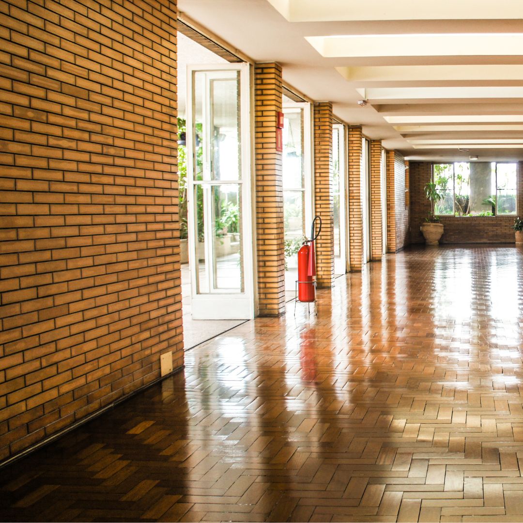 A cleaned and preserved brick hallway at an elementary school in Baton Rouge