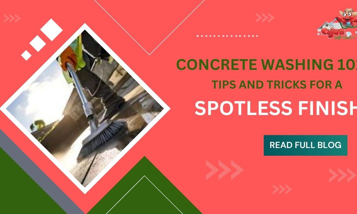 A professional cleaning a concrete surface using a scrub brush and water pressure, showcasing the process of achieving a spotless finish. Includes branding elements from Cajun Soft Wash.
