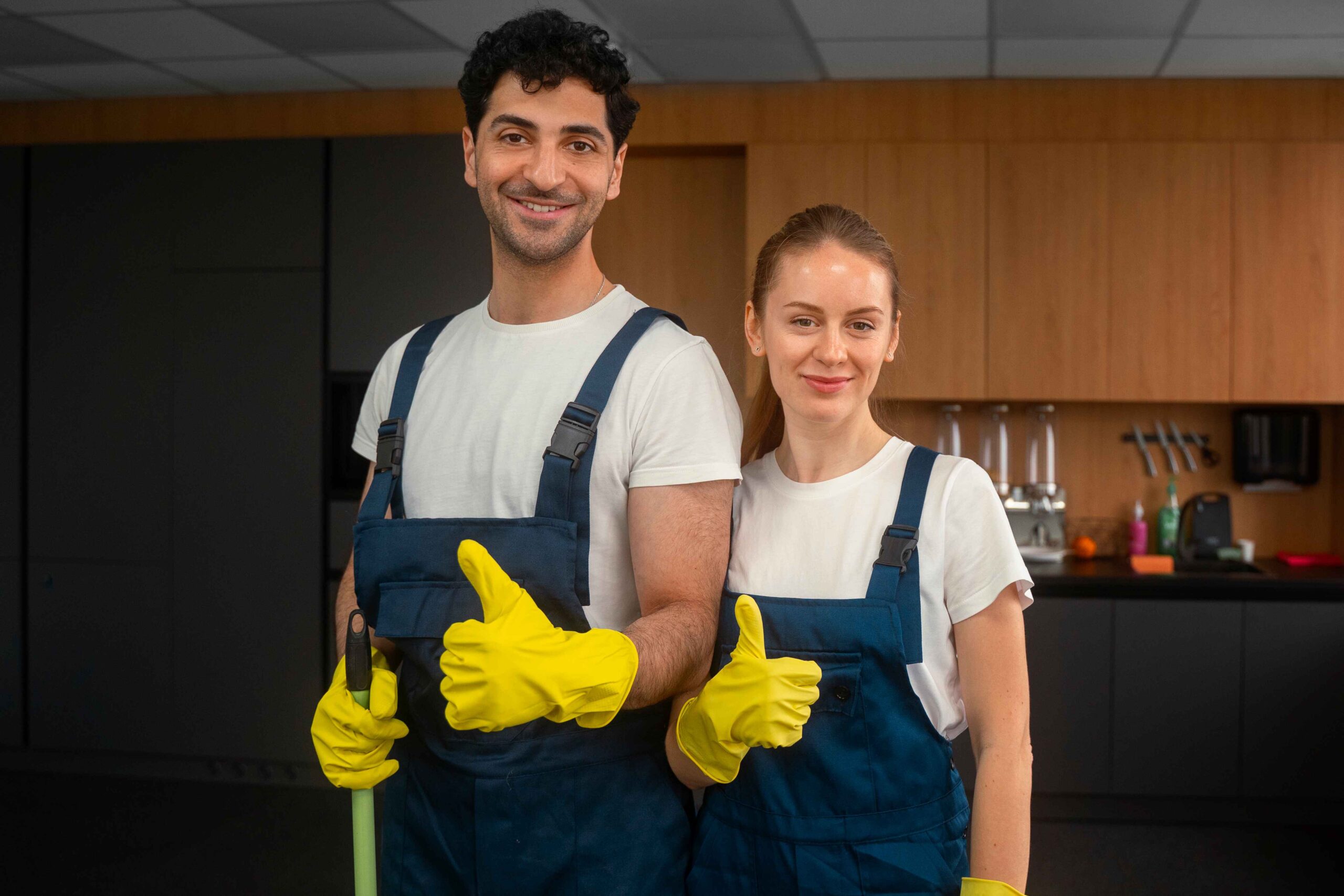  Medium shot of professional cleaners wearing uniforms and gloves while cleaning the exterior of a building with various cleaning tools and equipment.
