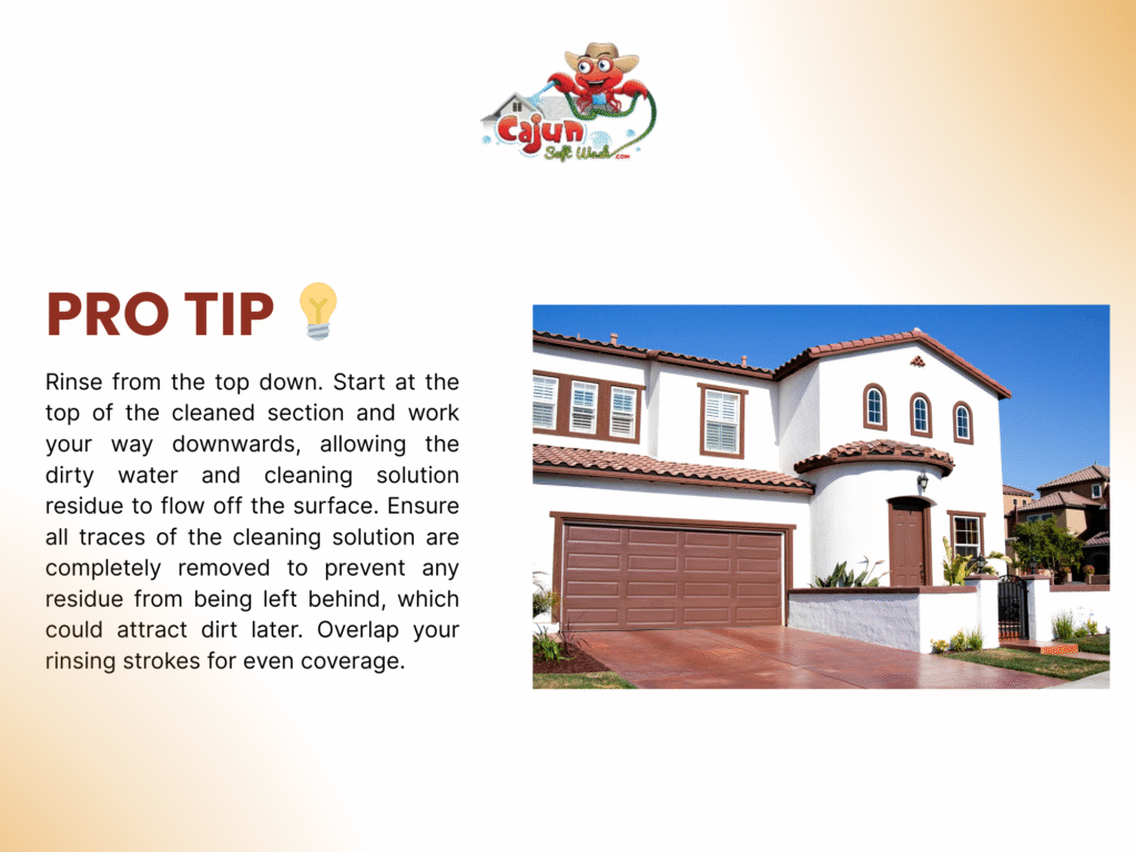 Clean stucco home exterior after rinsing solution from top down – a recommended method for how to clean stucco without a pressure washer thoroughly.