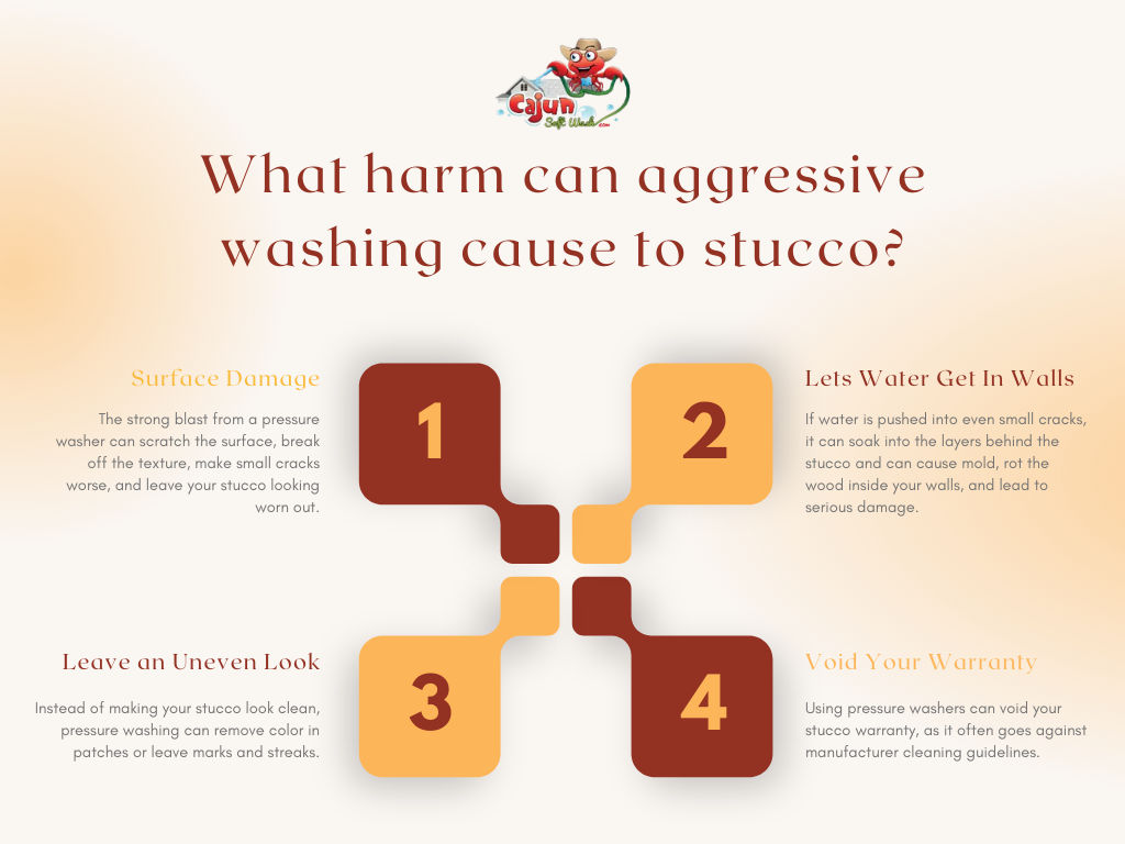 Infographic explaining the dangers of using pressure washers on stucco, including surface damage, water intrusion, uneven appearance, and warranty issues—highlighting why learning how to clean stucco without a pressure washer is essential.