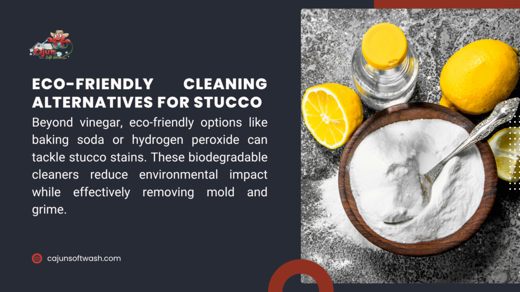 Image of a bowl with baking soda, lemons, and hydrogen peroxide, with text on eco-friendly cleaning alternatives for stucco, reducing environmental impact while removing mold and grime.