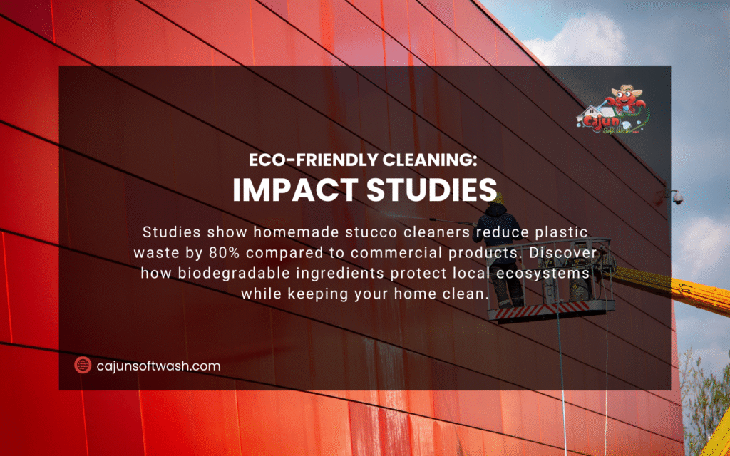 Eco-friendly cleaning impact study ad with a red building, showing homemade stucco cleaners reduce plastic waste by 80% compared to commercial products, promoting biodegradable ingredients for local ecosystems. (cajunsoftwash.com) (149 characters)