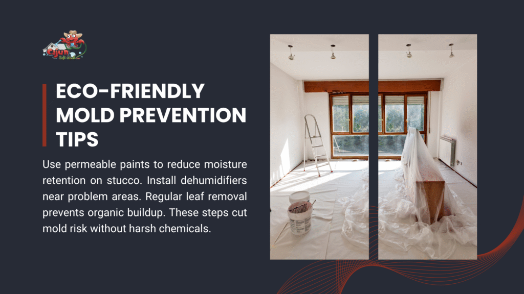  Room with ladder and paint cans during renovation, with text on eco-friendly mold prevention tips like permeable paints, dehumidifiers, and leaf removal to reduce mold risk.