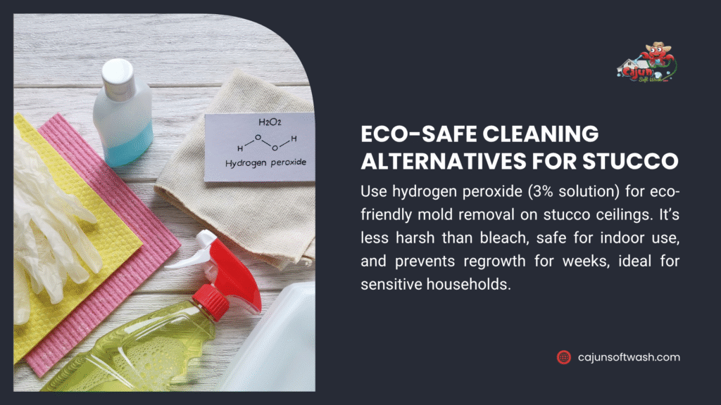 Cleaning supplies with hydrogen peroxide label, and text on eco-safe cleaning alternatives for stucco, using 3% hydrogen peroxide for mold removal and regrowth prevention.