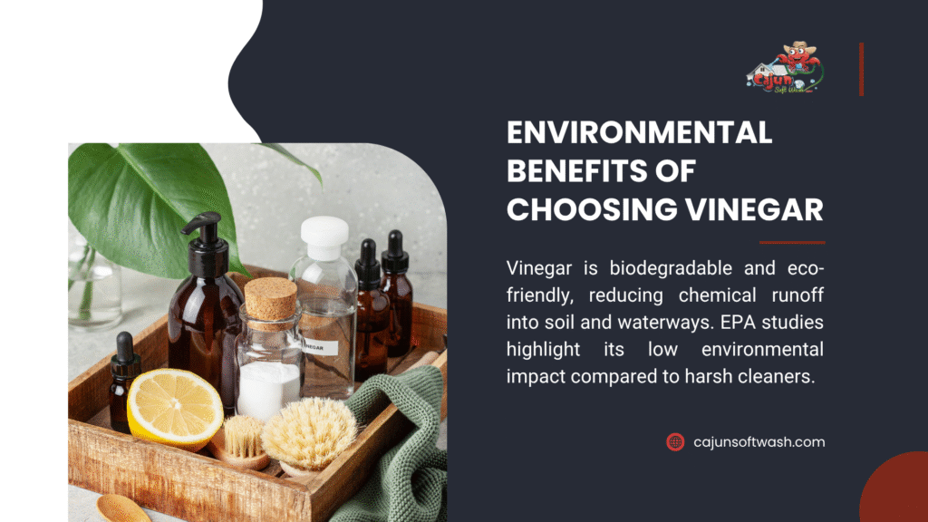 Image displaying a tray with vinegar, lemon, and eco-friendly cleaning items, emphasizing vinegar's biodegradability and low environmental impact compared to harsh cleaners per EPA studies.