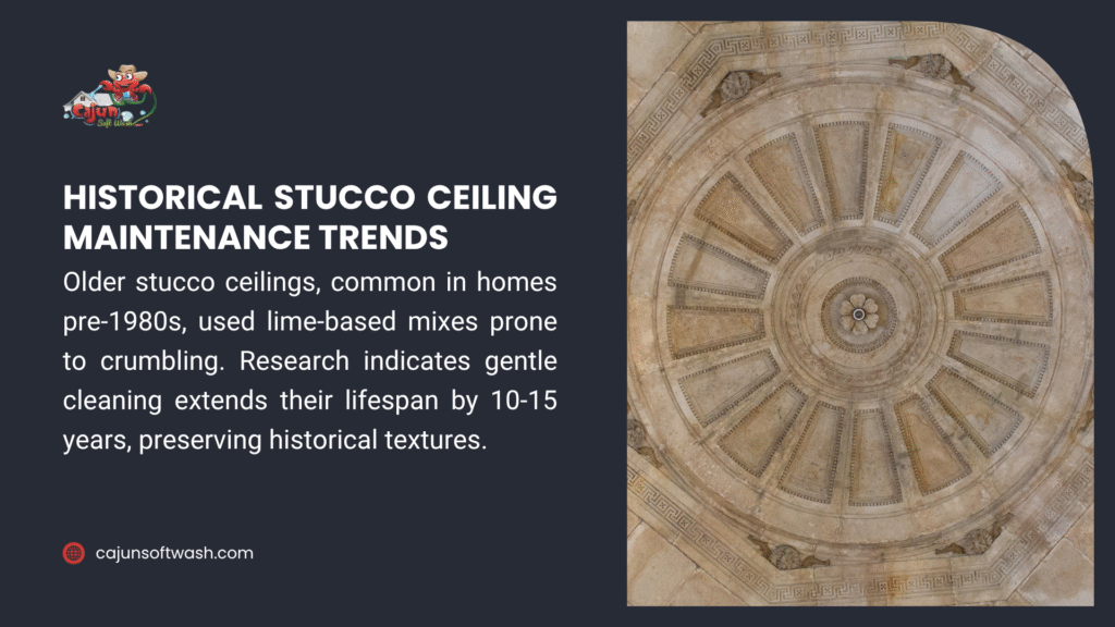 Ornate historical stucco ceiling with text on maintenance trends, noting lime-based mixes prone to crumbling and gentle cleaning extending lifespan by 10-15 years.