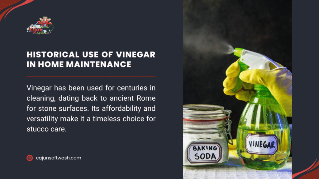  Image showing vinegar and baking soda being sprayed, highlighting vinegar's historical use in home maintenance since ancient Rome for stone and stucco care due to its affordability.