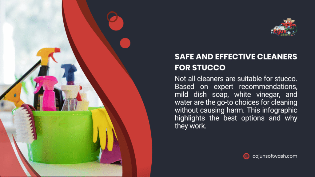 Infographic on safe stucco cleaners showing a bucket with brushes, gloves, and spray bottles, recommending mild dish soap, white vinegar, and water for effective, harm-free cleaning.
