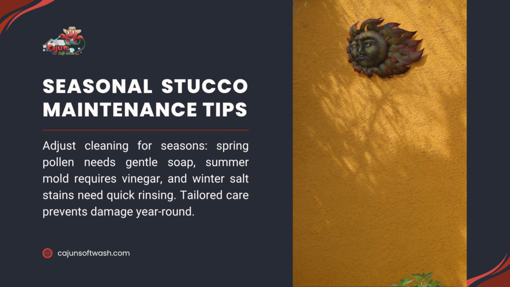A yellow stucco wall with a sun decoration, alongside text on seasonal stucco maintenance tips for spring, summer, and winter care.

