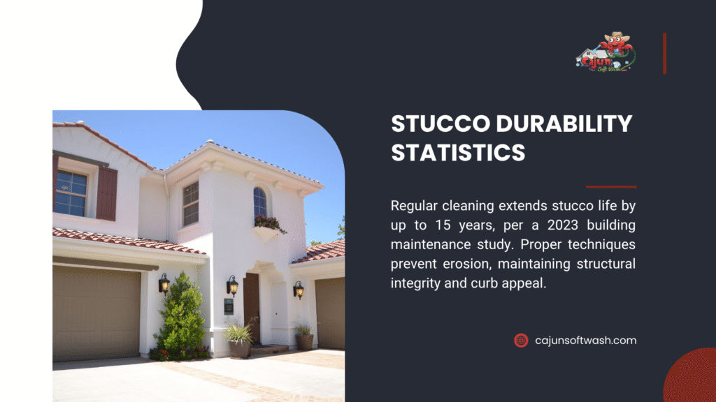 A white stucco house with a garage, alongside text noting regular cleaning extends stucco life by up to 15 years per a 2023 study.