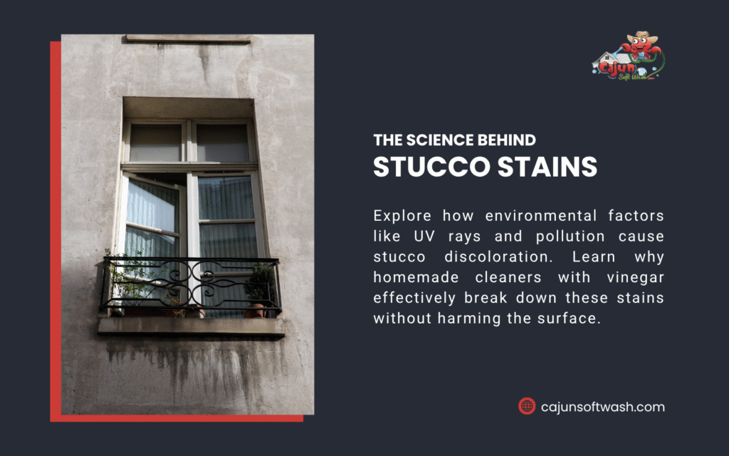 A stucco wall with a window, showing stains. Text reads: "The Science Behind Stucco Stains - Explore how UV rays and pollution cause discoloration. Learn why vinegar cleaners break down stains without harming the surface.