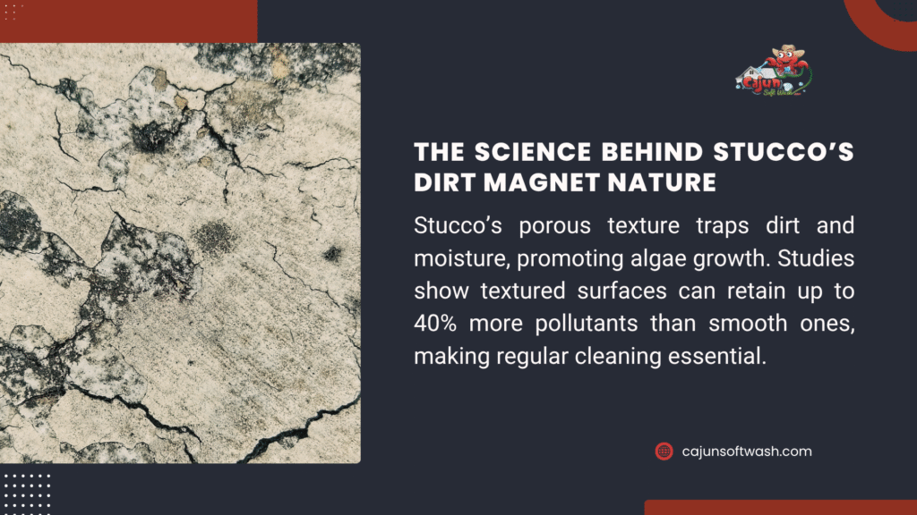 Image of cracked, dirty stucco wall, with text explaining stucco’s porous texture traps dirt and moisture, promoting algae growth, and retains 40% more pollutants than smooth surfaces, needing regular cleaning.