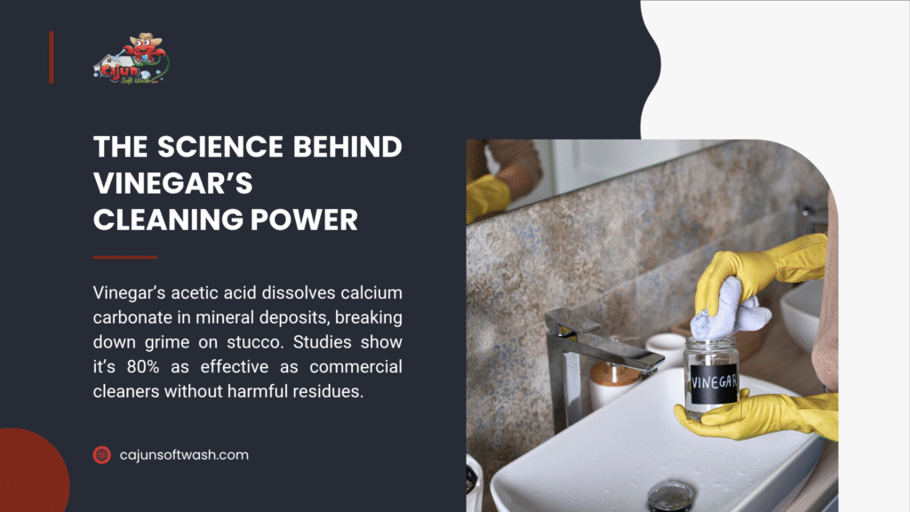 Image showing a person cleaning a sink with vinegar, highlighting its acetic acid dissolving calcium carbonate deposits on stucco, as effective as commercial cleaners.