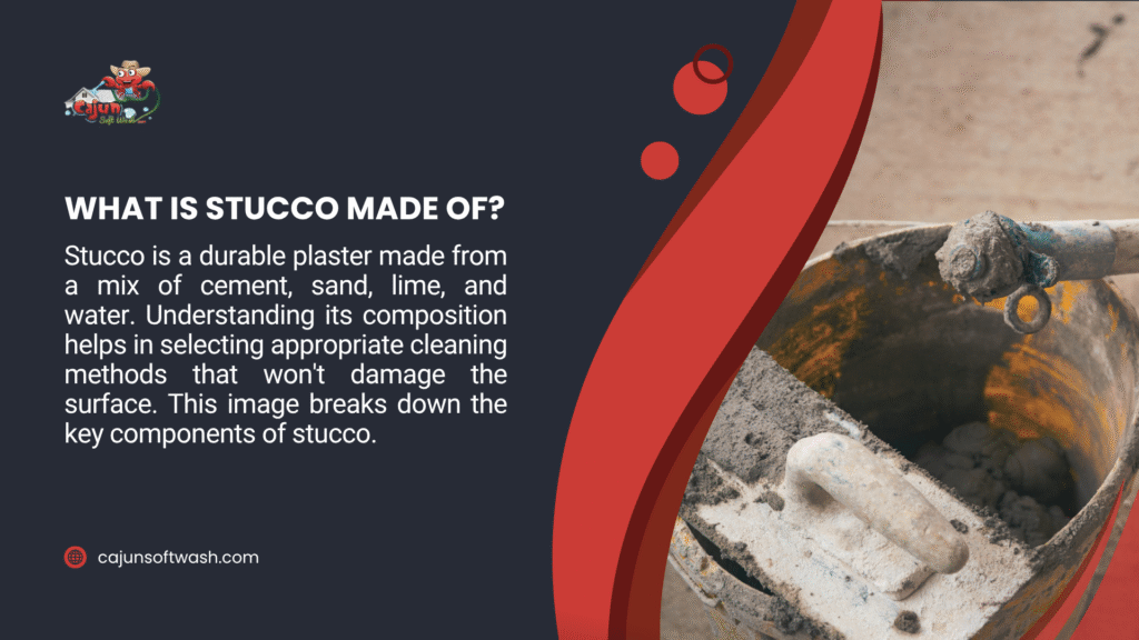 Stucco info ad showing a trowel in a bucket of stucco mix, made of cement, sand, lime, and water, with text explaining its composition and safe cleaning methods.