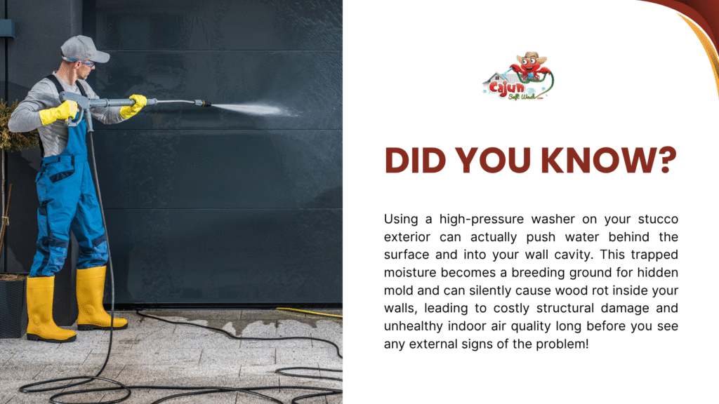 Informational image showing a person using a high-pressure washer on an exterior wall, with a warning that pressure washing stucco can force water behind the surface, causing mold, rot, and structural damage inside the walls.