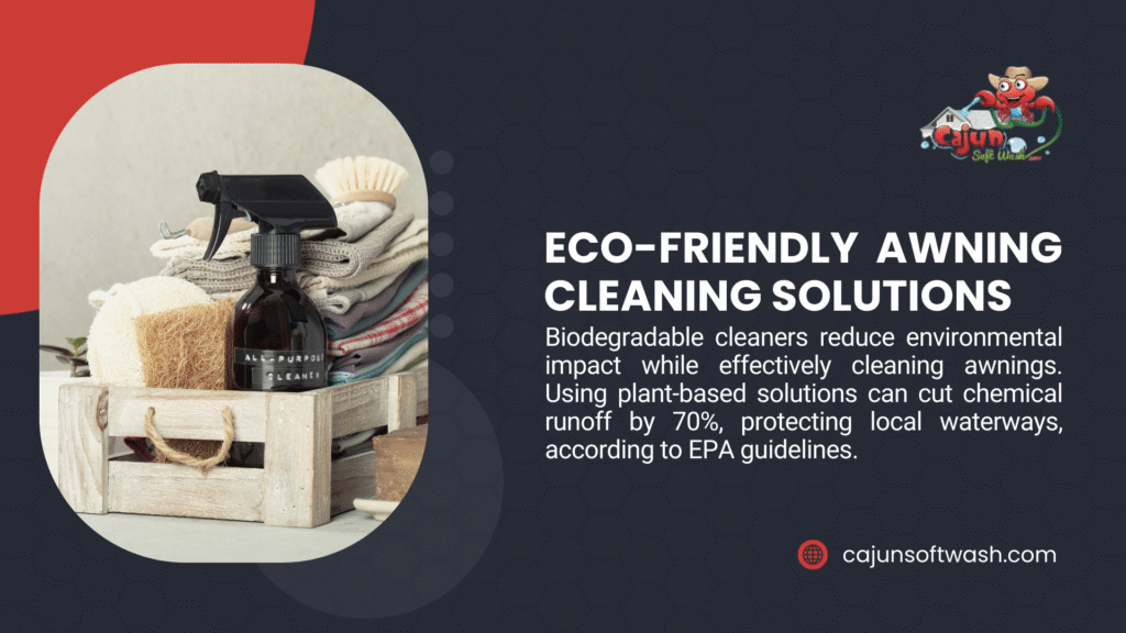 Eco-friendly awning cleaning solutions with biodegradable, plant-based cleaners reducing environmental impact and chemical runoff by 70%, per EPA guidelines.