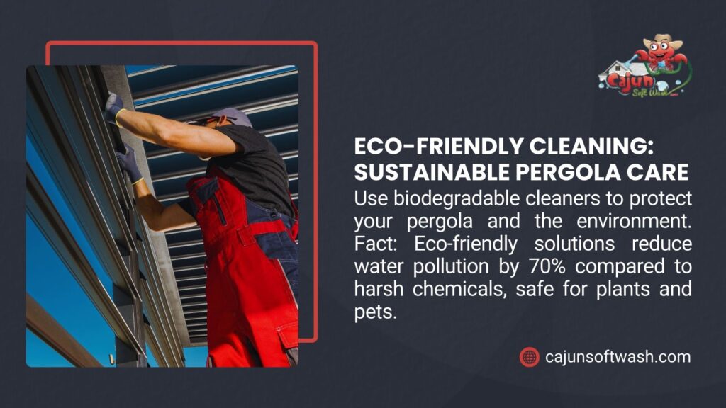  A worker in a red uniform cleaning a pergola, promoting eco-friendly solutions that reduce water pollution by 70% using biodegradable cleaners, safe for plants and pets.