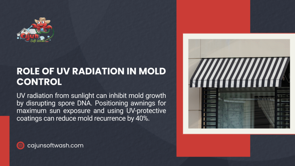 Image for "mold control" showing a striped awning, with text explaining UV radiation from sunlight inhibits mold growth and UV-protective coatings reduce recurrence by 40%.