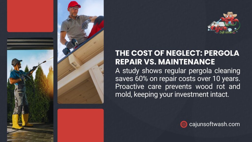 Workers maintaining a pergola, one using a power washer and another with a drill, highlighting that regular cleaning saves 60% on repair costs over 10 years, preventing wood rot and mold.