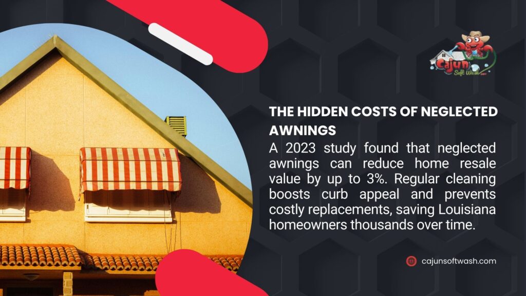 A house with neglected awnings, reducing resale value by up to 3%, with regular cleaning boosting curb appeal and saving Louisiana homeowners thousands.