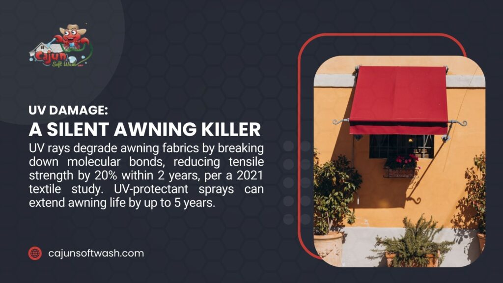 A red awning on a building, degraded by UV rays reducing tensile strength by 20% within 2 years, with UV-protectant sprays extending life by up to 5 years.