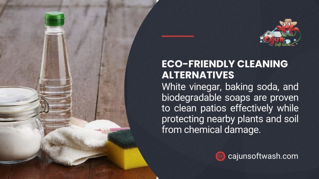  Eco-friendly cleaning image featuring white vinegar, baking soda, and biodegradable soaps, with a bottle, jar, sponge, and cloth on a wooden surface, promoting safe patio cleaning while protecting plants and soil.