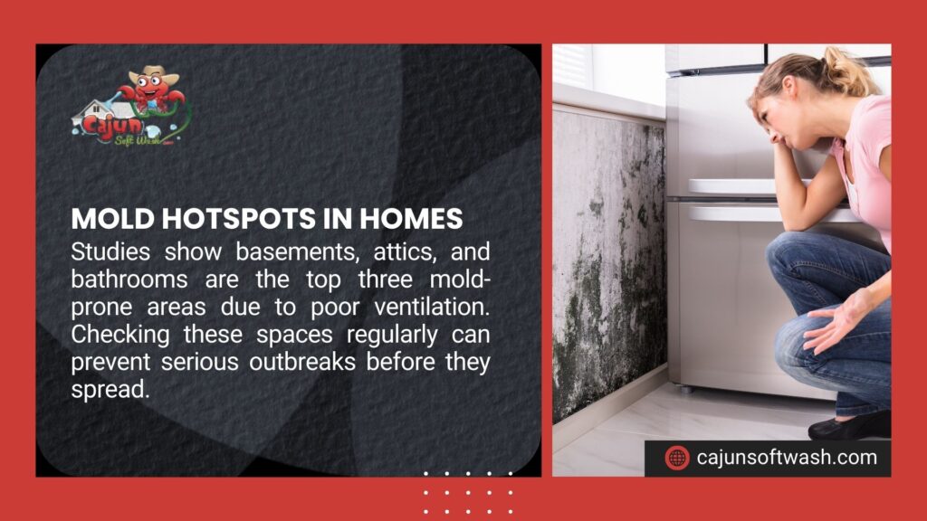 Mold hotspots image showing a woman near moldy walls, with text noting basements, attics, and bathrooms as mold-prone due to poor ventilation, urging regular checks to prevent outbreaks, branded by Cajun Soft Wash.