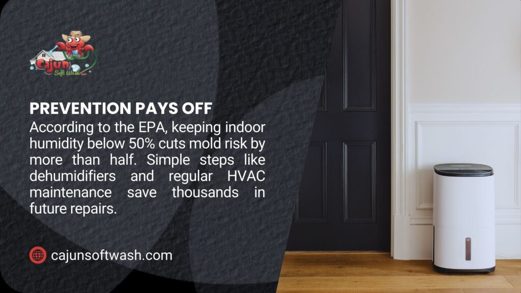 Dehumidifier near a door, with text noting that keeping indoor humidity below 50% cuts mold risk by over half, and regular HVAC maintenance saves on future repairs.