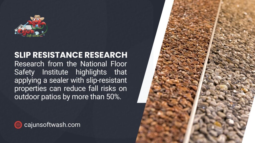Slip resistance research image showing a patio with a slip-resistant sealer, highlighting a 50% fall risk reduction per National Floor Safety Institute, with textured surface and Cajun Soft Wash branding.