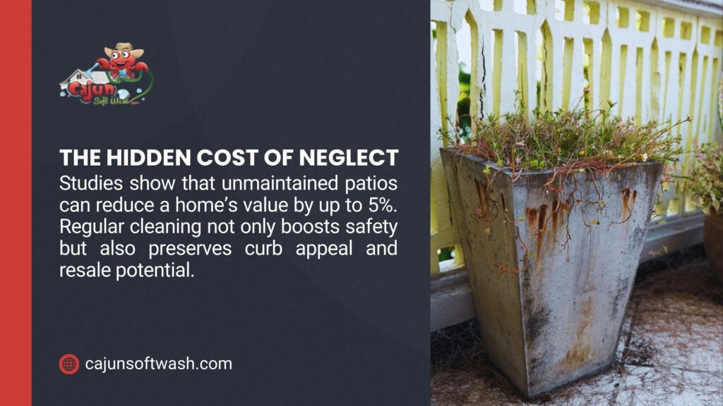 Rusty, overgrown patio planter with weeds, highlighting the hidden cost of neglect, as unmaintained patios can reduce home value by up to 5%, with regular cleaning boosting safety and resale potential.