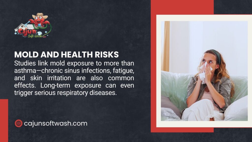 Woman on a couch wiping her nose with a tissue, alongside text linking mold exposure to asthma, sinus infections, fatigue, skin irritation, and serious respiratory diseases with long-term exposure.