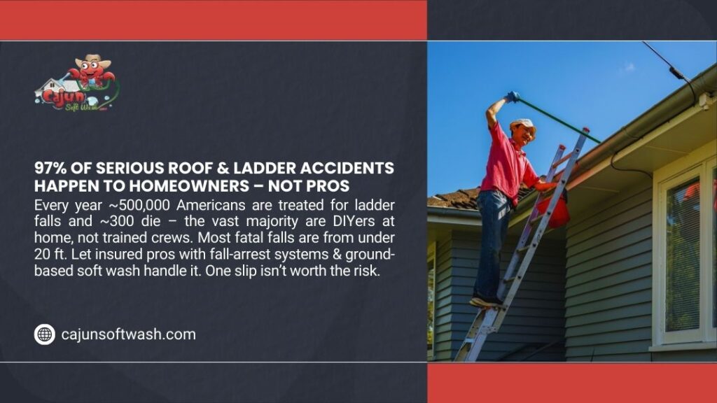 A homeowner climbing a ladder leaning against a house gutter to perform roof or gutter work, illustrating the risks of DIY roof and ladder accidents.