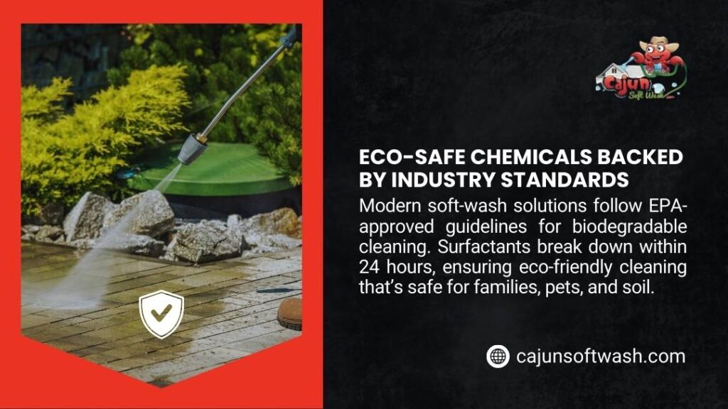 Infographic about eco-safe chemicals. A person uses a pressure washer to clean a brick patio next to a garden. Includes text on EPA-approved biodegradable cleaning.
