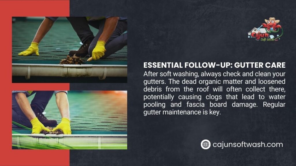 A person wearing yellow gloves is cleaning out leaves and debris from a white gutter attached to a dark roof, emphasizing gutter care.