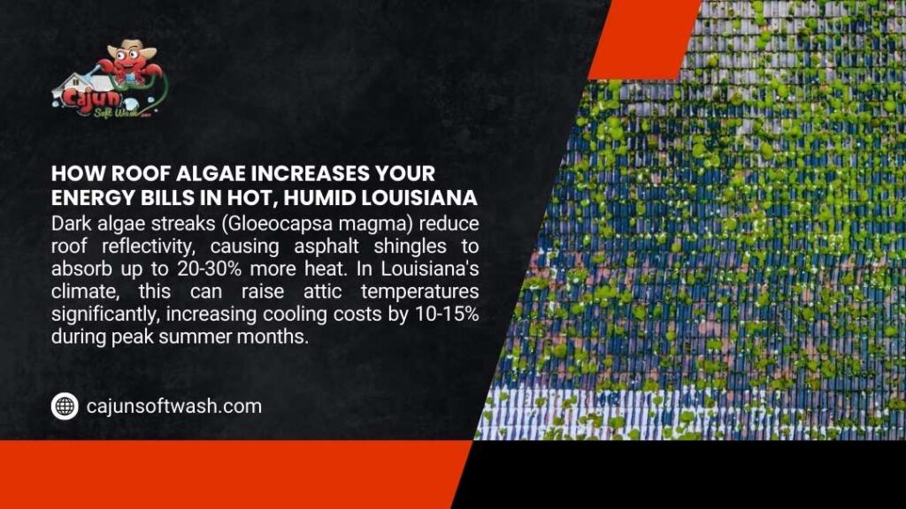 A close-up view of dark asphalt roof shingles heavily infested with bright green algae growth, illustrating its impact on energy bills.