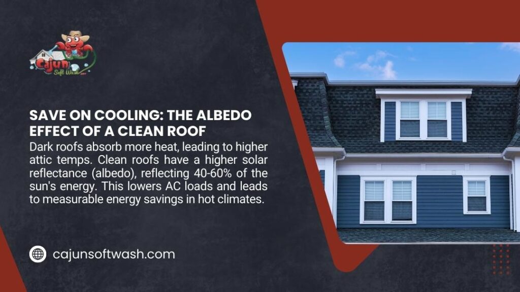 A clean, dark blue roof with dormer windows is shown next to text about "SAVE ON COOLING: THE ALBEDO EFFECT OF A CLEAN ROOF" and energy savings.