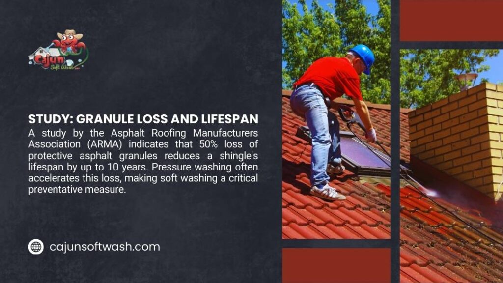 A person in a blue hard hat and red shirt is cleaning a heavily stained terracotta or red tiled roof near a chimney, demonstrating a soft washing process.