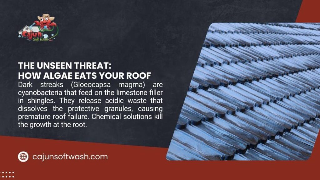 A dark, wet roof shows signs of streaking or algae growth next to text describing "The Unseen Threat: How Algae Eats Your Roof.