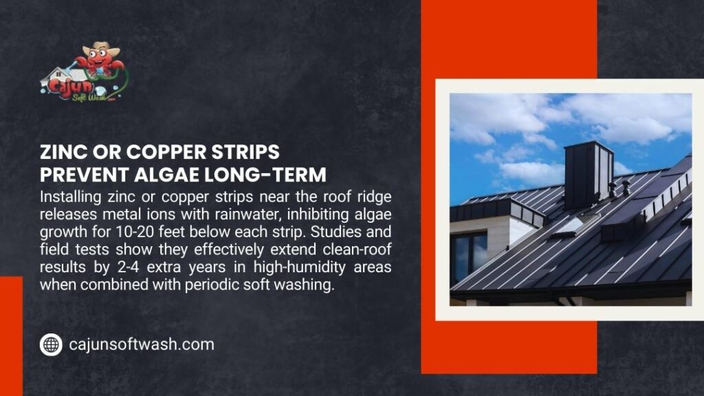 A modern dark metal roof with skylights and a chimney, illustrating the use of zinc or copper strips near the ridge to prevent algae growth.