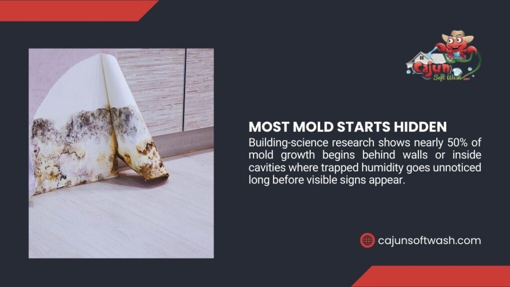 Mold-covered baseboard pulled back revealing hidden growth. Text: Nearly 50% of mold starts hidden behind walls from trapped humidity.