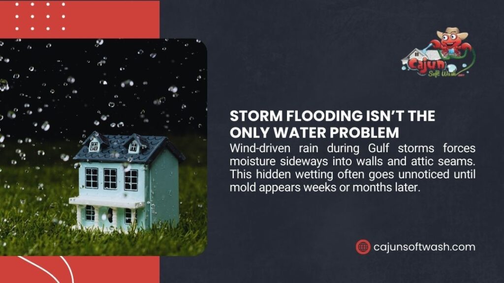 Miniature house on grass with rain splashing around it, symbolizing storm damage. Text: "Storm Flooding Isn't the Only Water Problem" – explains wind-driven rain forces moisture into walls and attics during Gulf storms, leading to hidden mold later. Cajun Soft Wash branding.