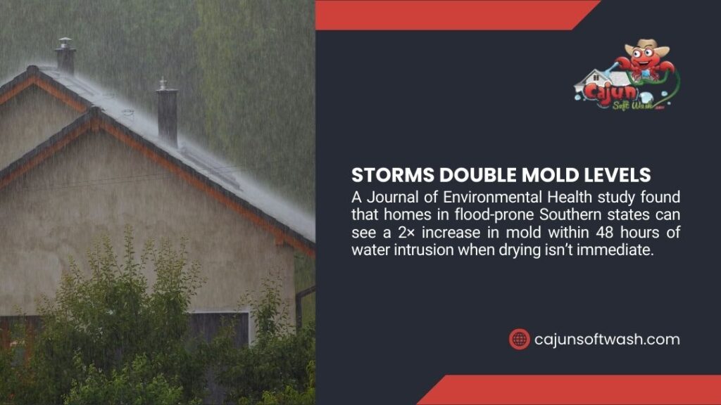 Heavy rain pouring off roof. Text: Storms double mold levels – study shows 2x mold growth in 48 hrs after water intrusion in Southern homes