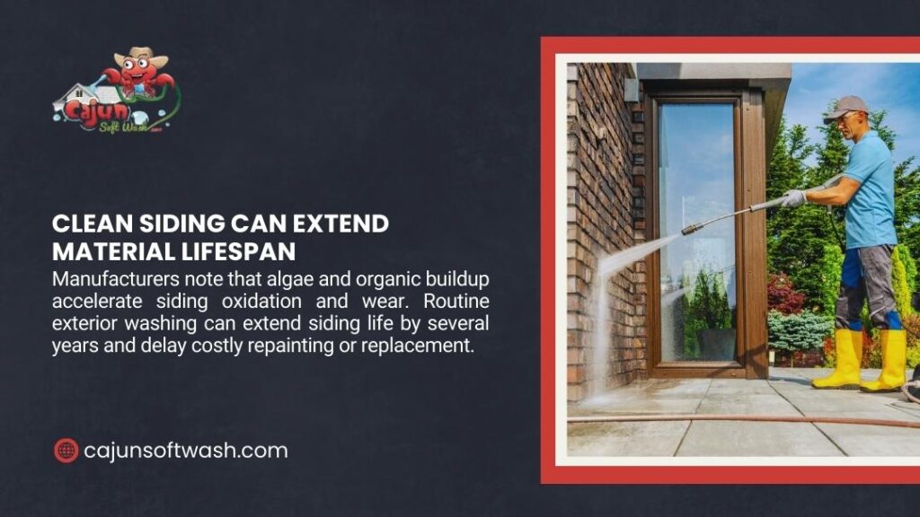 How Often Should You Wash Your House - Man pressure washing brick house siding and patio with water spray to remove algae and organic buildup, extending material lifespan.