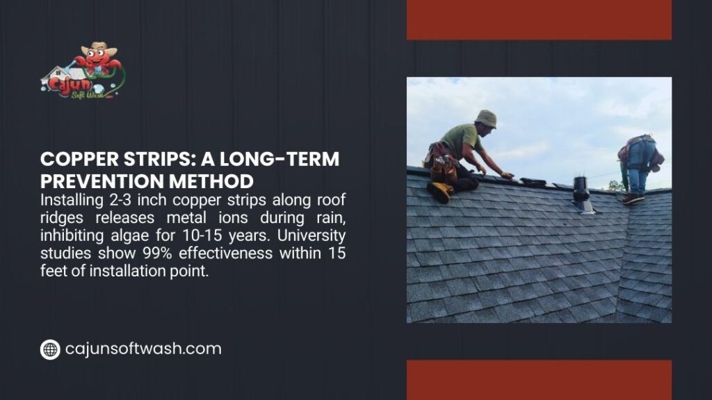 Roofers installing copper strips on roof ridge as long-term algae prevention method