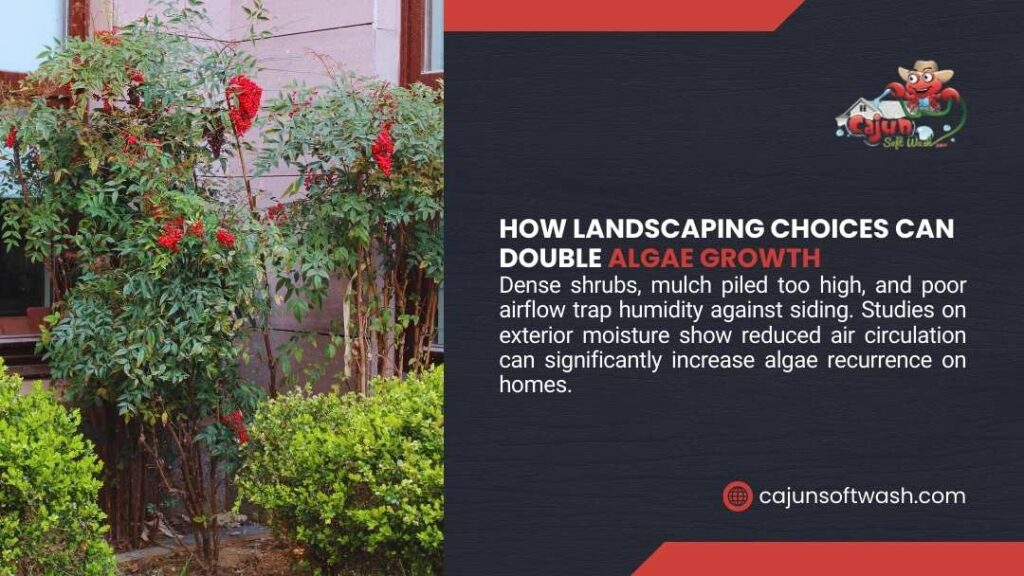 Dense shrubs and hedges planted close to home siding, showing how landscaping choices can double algae growth by trapping moisture and humidity.