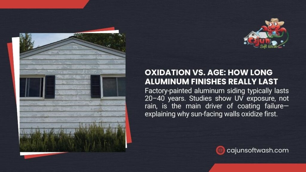 Weathered house with faded peeling aluminum siding, showing oxidation vs. age and how long aluminum finishes really last with UV exposure causing coating failure.