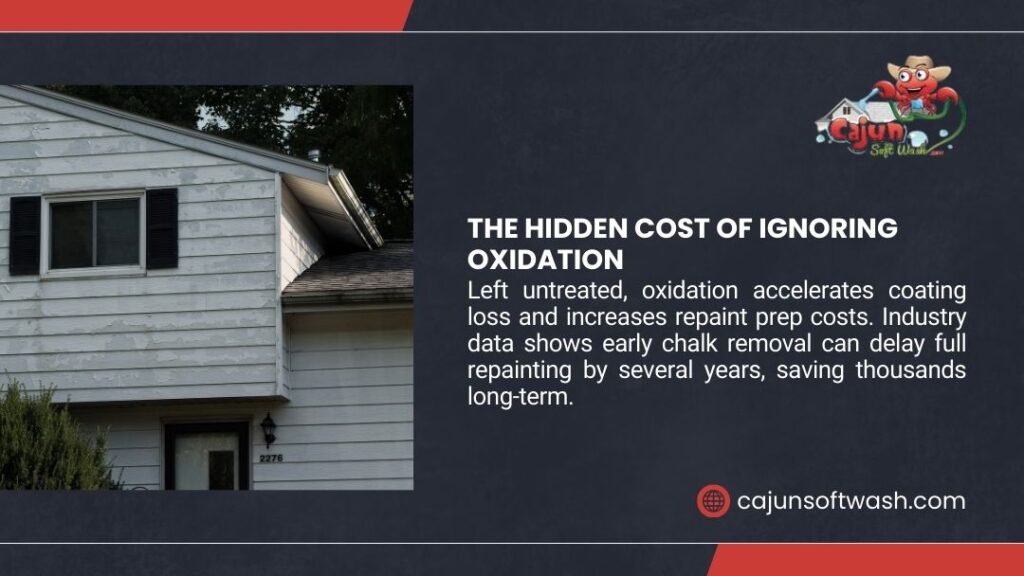 House with faded oxidized aluminum siding showing coating deterioration, revealing the hidden cost of ignoring oxidation that accelerates repaint prep expenses.