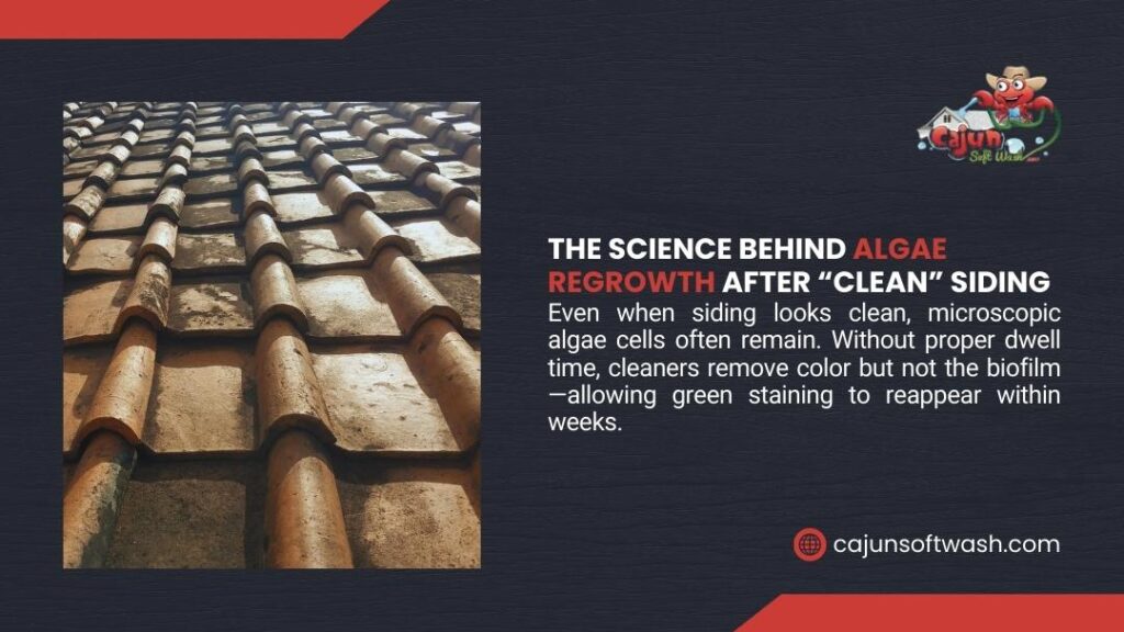 Stained roof tiles showing algae buildup, explaining the science behind algae regrowth after clean siding when biofilm isn't properly removed.