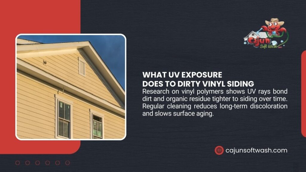 House with yellow vinyl siding; infographic about UV exposure effects on dirty vinyl siding by Cajun Softwash.